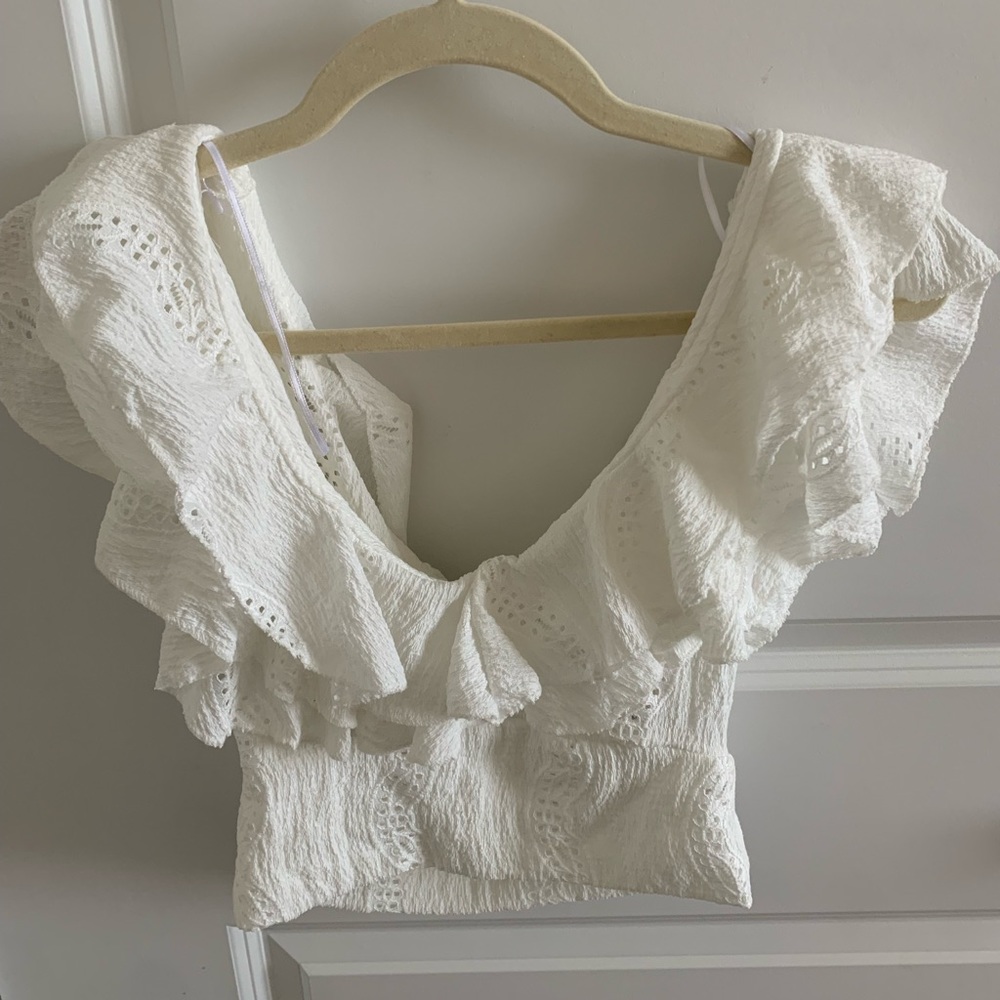 ZARA white eyelet ruffle crop top